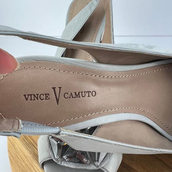 COMFORT Vince Camuto Majorca Lt Gray Leather Slingback Stacked Heel Peep Toe 10 - Picture 9 of 13